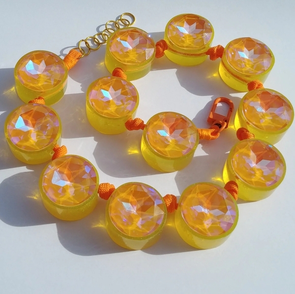 Handmade Crystal Necklace Iridescent Yellow Orange Neon Mixed Media - Picture 2 of 6